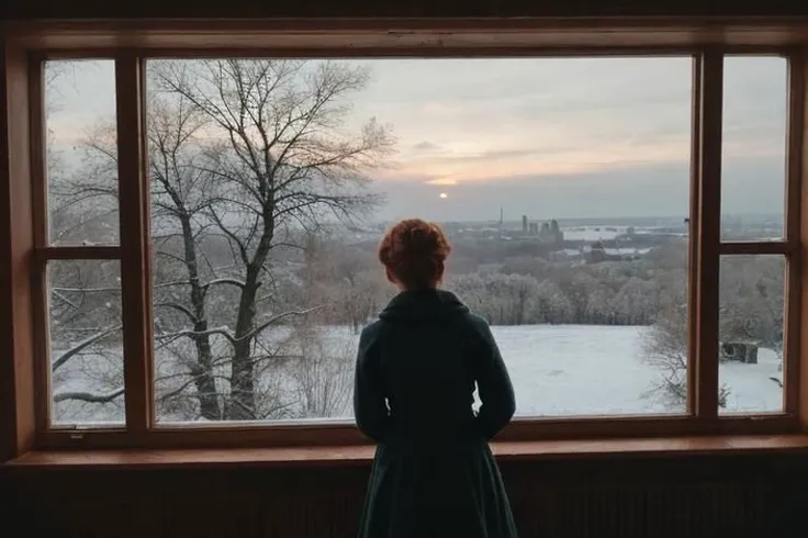 weird unusual angle view, photography of a ravishing ginger feverish working class irish young girl in the 19th century, wearing a modest winter outfit, sinister expression, standing by the window of her poor London attic flat, looking through the window, detailed face, subsurface scattering, transluscency, skin pores, skin fuzz, vellus hair, cold tones, winter season, dim light exquisite natural backlighting, cinematic LUT, film grain