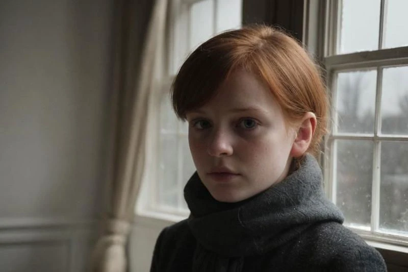 weird unusual angle view, photography of a ravishing ginger feverish working class irish young girl in the 19th century, wearing a modest winter outfit, sinister expression, standing by the window of her poor London attic flat, looking through the window, detailed face, subsurface scattering, transluscency, skin pores, skin fuzz, vellus hair, cold tones, winter season, dim light exquisite natural backlighting, cinematic LUT, film grain