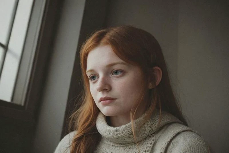 weird unusual angle view, photography of a ravishing ginger feverish working class irish young girl in the 19th century, wearing a modest winter outfit, sinister expression, standing by the window of her poor London attic flat, looking through the window, detailed face, subsurface scattering, transluscency, skin pores, skin fuzz, vellus hair, cold tones, winter season, dim light exquisite natural backlighting, cinematic LUT, film grain