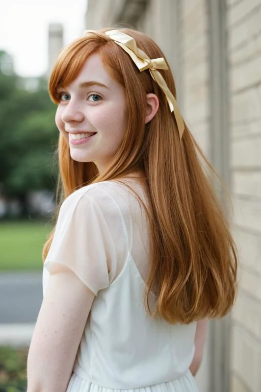 light ginger haired, hair down, pale skin, sheer, girl, ballet, average person, blushing, smile, looking over shoulder, curvy frame, hair ribbon