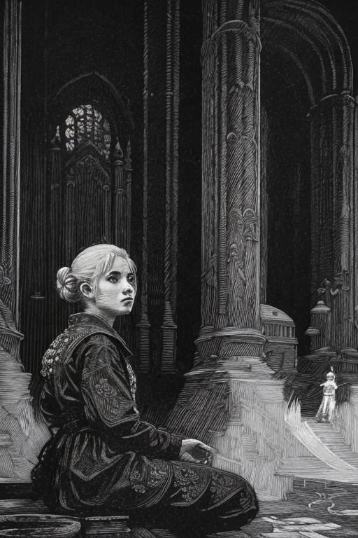 award winning black and white engraving of a  chinese teen , platinum blond afro hairstyle, blue eyes, wearing a black latex harness, (sinister expression:1.2), sitting lotus pose meditation, operating the controls from a wall panel, in a dark brutalist room, concrete, cement, iron, pipes, ducts, valves, bellows, pressure counter, gauges, gears, nuts, bolts, dust, dusty, rust, rusty, dirt, dirty, grease, greasy, intricately detailed, dramatic backlighting
