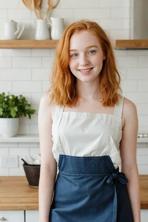 body: pale skin, strawberry blonde hair, girl, hair down, freckled, slight tummy, soft and overweight, busty
clothing: hair ribbon, sheer, translucent, low cut, apron only, open back
pose: blushing, looking over shoulder, smiling, slightly leaning forward
setting: farmhouse kitchen
aesthetic: average person, soft face, well lit room, soft eyes