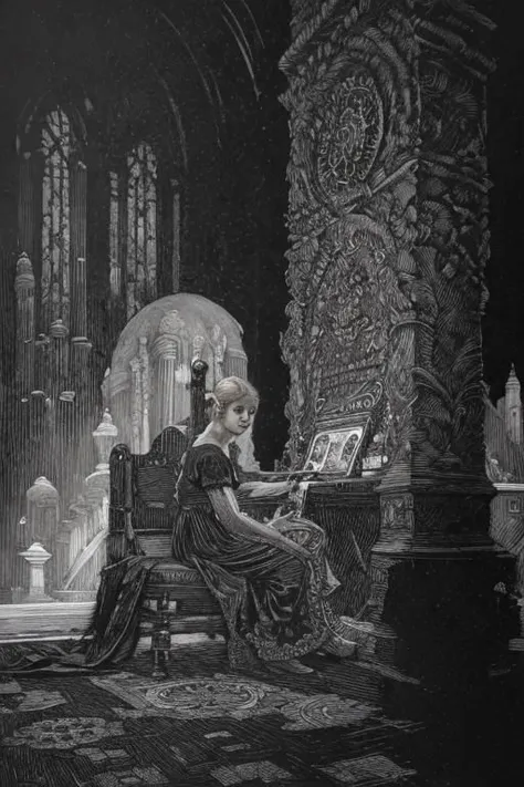 award winning black and white engraving portrait of a pretty young irish (teen girl:1.5), platinum blond, victorian era updo hairstyle, curly locks, blue eyes, wearing a latex harness, (sinister expression:1.2), sitting lotus pose meditation, operating the controls from a wall panel, in a dark brutalist room, concrete, cement, iron, pipes, ducts, valves, bellows, pressure counter, gauges, gears, nuts, bolts, dust, dusty, rust, rusty, dirt, dirty, grease, greasy, intricately detailed, dramatic backlighting