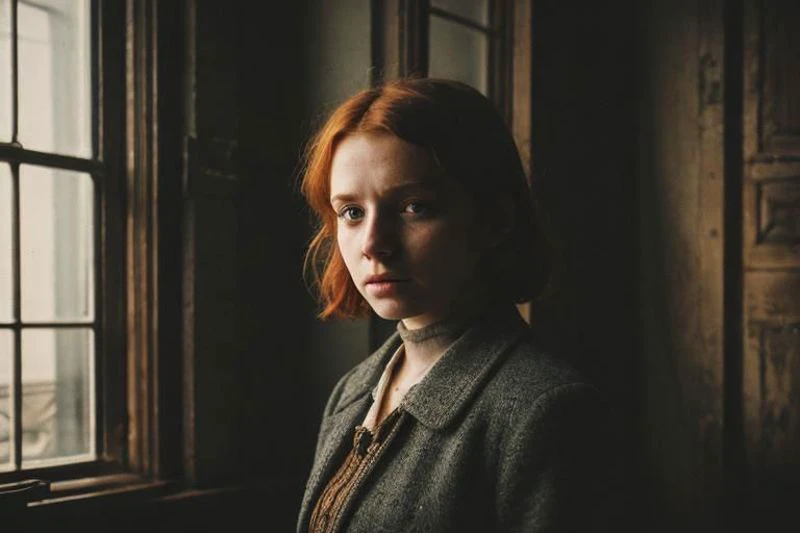 weird unusual angle view, photography of a ravishing ginger feverish working class irish young girl in the 19th century, wearing a modest winter outfit, sinister expression, standing by the window of her poor London attic flat, looking through the dirty frozen window, detailed face, subsurface scattering, transluscency, skin pores, skin fuzz, vellus hair, dirt, dust, coal, heater, pipes, ducts, rust, cold tones, winter season, dim light exquisite natural backlighting, cinematic LUT, film grain