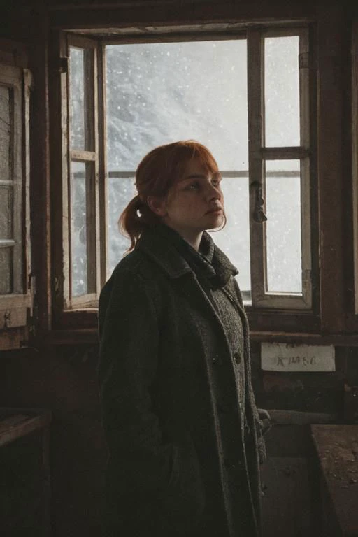 weird unusual angle view, photography of a ravishing ginger feverish working class irish young girl in the 19th century, wearing a modest winter outfit, sinister expression, standing by the window of her poor London attic flat, looking through the dirty frozen window, detailed face, subsurface scattering, transluscency, skin pores, skin fuzz, vellus hair, dirt, dust, coal, heater, pipes, ducts, rust, cold tones, winter season, dim light exquisite natural backlighting, cinematic LUT, film grain