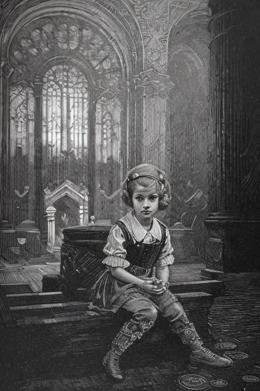 award winning black and white engraving portrait of a pretty young irish ( girl:1.5), platinum blond, victorian era updo hairstyle, curly locks, blue eyes, wearing a latex harness, (sinister expression:1.2), sitting lotus pose meditation, operating the controls from a wall panel, in a dark brutalist room, concrete, cement, iron, pipes, ducts, valves, bellows, pressure counter, gauges, gears, nuts, bolts, dust, dusty, rust, rusty, dirt, dirty, grease, greasy, intricately detailed, dramatic backlighting