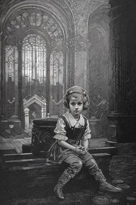 award winning black and white engraving portrait of a pretty young irish (teen girl:1.5), platinum blond, victorian era updo hairstyle, curly locks, blue eyes, wearing a latex harness, (sinister expression:1.2), sitting lotus pose meditation, operating the controls from a wall panel, in a dark brutalist room, concrete, cement, iron, pipes, ducts, valves, bellows, pressure counter, gauges, gears, nuts, bolts, dust, dusty, rust, rusty, dirt, dirty, grease, greasy, intricately detailed, dramatic backlighting