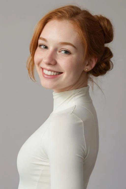 light ginger haired girl, hair up, pale skin, one piece thin cotton body suit, average person, blushing smile, looking over shoulder, curvy frame