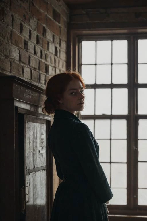 weird unusual angle view, photography of a ravishing ginger feverish working class irish young girl in the 19th century, wearing a modest winter outfit, sinister expression, standing by the window of her poor London attic flat, looking through the dirty frozen window, detailed face, subsurface scattering, transluscency, skin pores, skin fuzz, vellus hair, dirt, dust, coal, heater, pipes, ducts, rust, cold tones, winter season, dim light exquisite natural backlighting, cinematic LUT, film grain