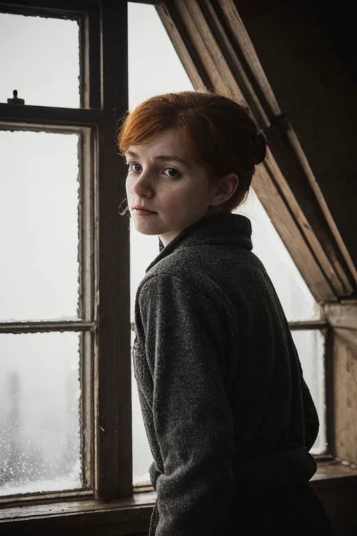 weird unusual angle view, photography of a ravishing ginger feverish working class irish young girl in the 19th century, wearing a modest winter outfit, sinister expression, standing by the window of her poor London attic flat, looking through the dirty frozen window, detailed face, subsurface scattering, transluscency, skin pores, skin fuzz, vellus hair, dirt, dust, coal, heater, pipes, ducts, rust, cold tones, winter season, dim light exquisite natural backlighting, cinematic LUT, film grain