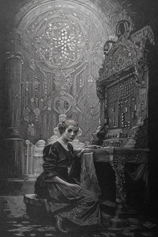 award winning black and white engraving portrait of a pretty young irish ( girl:1.5), platinum blond, victorian era updo hairstyle, curly locks, blue eyes, wearing a latex harness, (sinister expression:1.2), sitting lotus pose meditation, operating the controls from a wall panel, in a dark brutalist room, concrete, cement, iron, pipes, ducts, valves, bellows, pressure counter, gauges, gears, nuts, bolts, dust, dusty, rust, rusty, dirt, dirty, grease, greasy, intricately detailed, dramatic backlighting