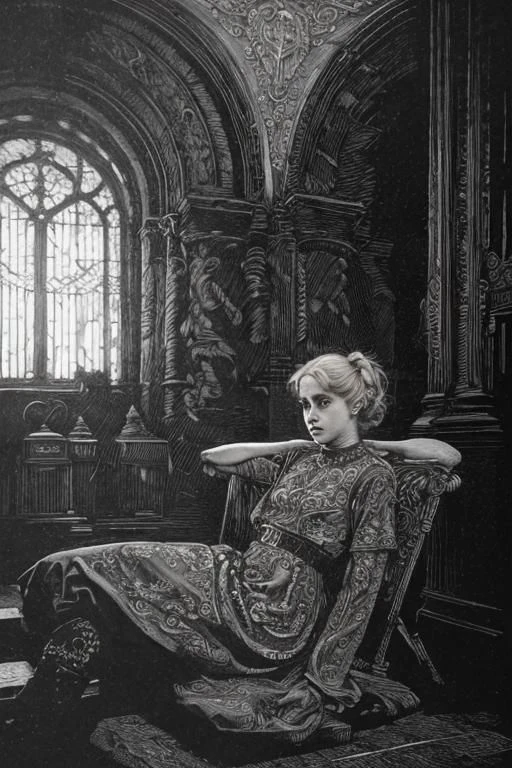 award winning black and white engraving portrait of a pretty young irish ( girl:1.5), platinum blond, victorian era updo hairstyle, curly locks, blue eyes, wearing a latex harness, (sinister expression:1.2), sitting lotus pose meditation, operating the controls from a wall panel, in a dark brutalist room, concrete, cement, iron, pipes, ducts, valves, bellows, pressure counter, gauges, gears, nuts, bolts, dust, dusty, rust, rusty, dirt, dirty, grease, greasy, intricately detailed, dramatic backlighting