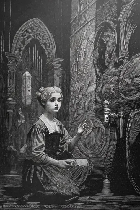 award winning black and white engraving portrait of a pretty young irish (teen girl:1.5), platinum blond, victorian era updo hairstyle, curly locks, blue eyes, wearing a latex harness, (sinister expression:1.2), sitting lotus pose meditation, operating the controls from a wall panel, in a dark brutalist room, concrete, cement, iron, pipes, ducts, valves, bellows, pressure counter, gauges, gears, nuts, bolts, dust, dusty, rust, rusty, dirt, dirty, grease, greasy, intricately detailed, dramatic backlighting