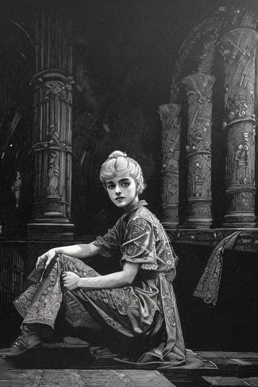 award winning black and white engraving portrait of a pretty young irish ( girl:1.5), platinum blond, victorian era updo hairstyle, curly locks, blue eyes, wearing a latex harness, (sinister expression:1.2), sitting lotus pose meditation, operating the controls from a wall panel, in a dark brutalist room, concrete, cement, iron, pipes, ducts, valves, bellows, pressure counter, gauges, gears, nuts, bolts, dust, dusty, rust, rusty, dirt, dirty, grease, greasy, intricately detailed, dramatic backlighting