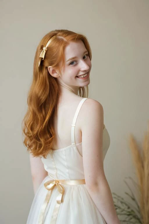 light ginger haired, hair down, pale skin, sheer, girl, ballet, average person, blushing, smile, looking over shoulder, curvy frame, hair ribbon, garters