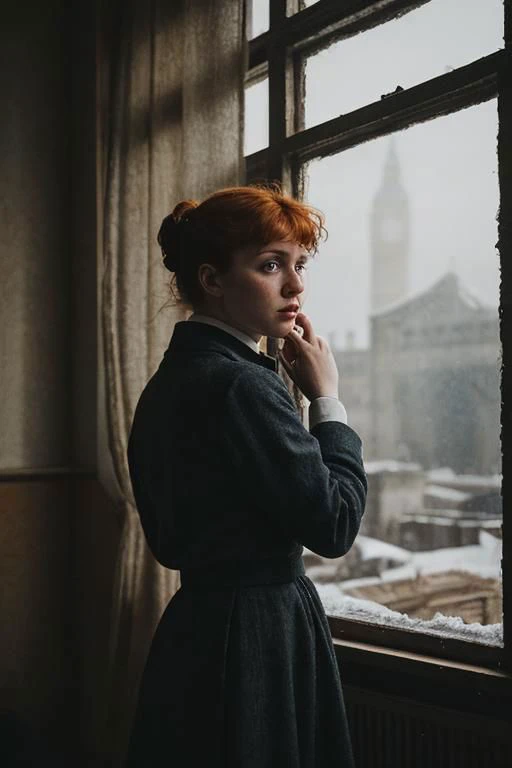 weird unusual angle view, photography of a ravishing ginger feverish working class irish young girl in the 19th century, wearing a modest winter outfit, sinister expression, standing by the window of her poor London attic flat, looking through the dirty frozen window, detailed face, subsurface scattering, transluscency, skin pores, skin fuzz, vellus hair, dirt, dust, coal, heater, pipes, ducts, rust, cold tones, winter season, dim light exquisite natural backlighting, cinematic LUT, film grain