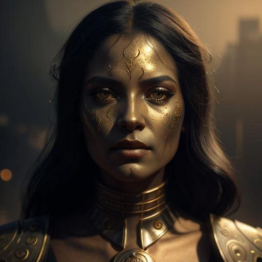 designed by greg manchess,smoke, Close Portrait of a Black model woman, bright eyes, glossy lips, futuristic gold face war paint, trending on art station, photoreal, 8 k, octane render by greg rutkowski, art by Carne Griffiths and Wadim Kashin ,in the style of Dau-al-Set, Pollock, and inspired by MAPPA and Zdzislaw Beksinski, <lora:add-detail-xl:1> <lora:AshleyWoodArtAIcc:0.8><lora:Graphic_Portrait_v2:0.4>