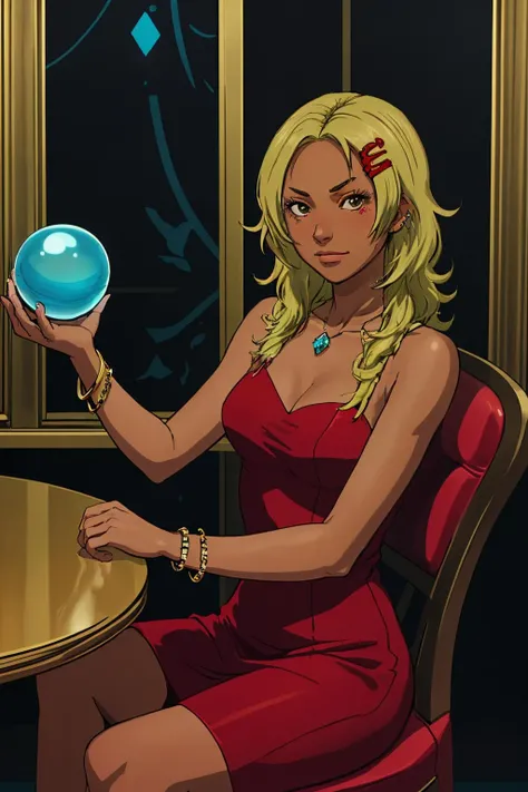 1girl, mikotoaiura, blonde hair, bracelet, chair, dark skin, hairclip, jewelry, looking at viewer, sitting, crystal ball, medium, red dress, dark room, <lora:Mikotov3-000006:1>