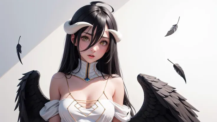 black hair, sexy, busty, buxom, curvy, voluptuous, bed, angel wings, pink ribbon, white wings, ((nude)), ((naked)), ((nipple))