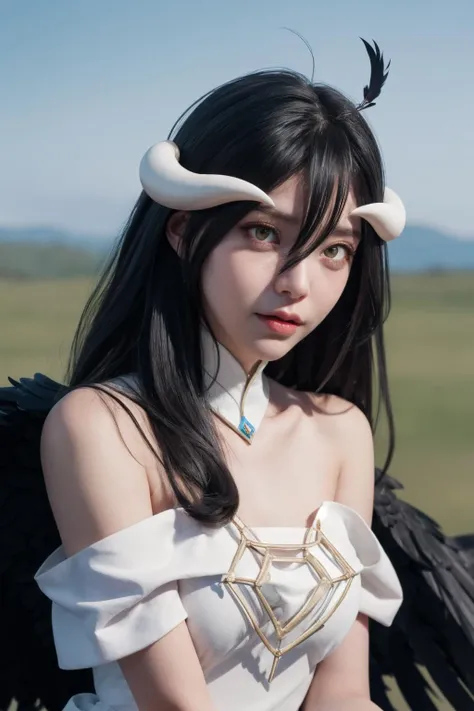 <lora:albedo-10:0.8> ,albedo_overlord, hair between eyes, white dress, bare shoulders, dress, low wings, ahoge, black feathers, outdoors,