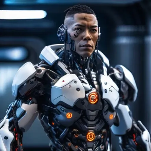 cyborg, looking forward, science fiction, standing, cyberpunk, full body, high quality, high resolution, <lora:cyborg_style_xl:1>
