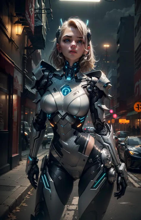 (((white cyber armor, head piece, robort, neon light))), (((mechanical parts, spine, android, cyborg, luxurious cyberpunk))), microchip, (((Night, street, Deep dark, dark room, dark theme:1.4, light source contrast))), spot light, ((light from right side)), (masterpiece),((ultra-detailed)), (highly detailed CG illustration),(expressionless), (best quality:1.2),(1girl:1.2),High quality texture, intricate details, detailed texture, High quality shadow, a realistic representation of the face, Detailed beautiful delicate face,Depth of field, perspective,20s, slender face, (big eyes:1.2),perfect body, lean body, (narrow waist:1.3), medium breast, medium hair, distinct_image, (pureerosface_v1:0.5) , (ulzzang-6500-v1.1:0.5), <lora:epi_noiseoffset2:1>, <lora:add_detail:0.8>, <lora:GoodHands-vanilla:1>, <lora:cyborg_style_xl:1>, cyber city, <lora:girlfriendmixV1_v20:0.6>
