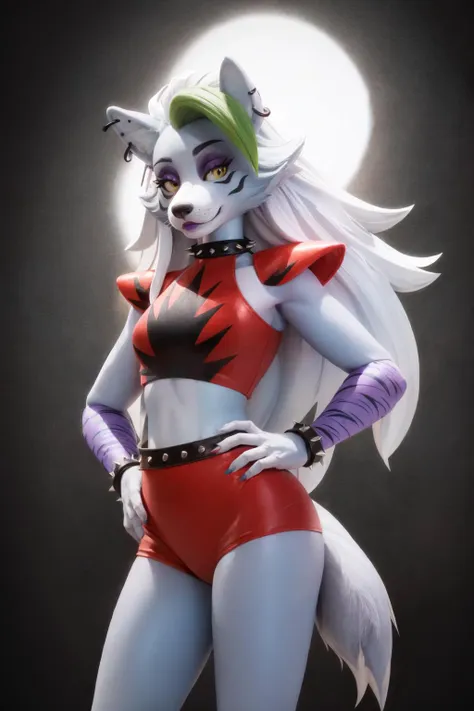 (masterpiece, best quality:1.2), <lyco:fnafsb_roxannewolf-11:1.0>, cowboy shot, solo, 1girl, fnafroxanne, furry female, body fur, makeup, looking at viewer, hand on hip, wolf ears, crop top, collar, spikes, jewelry, ear piercing, bracelet, wolf tail