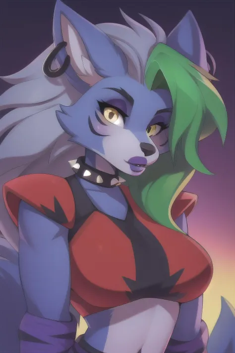 best quality,   <lora:fnafsb_roxannewolf-11:1> fnafroxanne, furry female, body fur, makeup, wolf ears, wolf tail, crop top, big breasts, purple lipstick, collar, spikes, jewelry, ear piercing, bracelet, yellow eyes, detailed eyes,  <lora:3DMM_V10:0.8> 3DMM, gray hair, green hair,