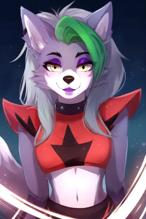 best quality, <lora:fnafsb_roxannewolf-11:1> fnafroxanne, furry female, body fur, makeup, wolf ears, wolf tail, grey hair, green hair, yellow eyes, crop top,