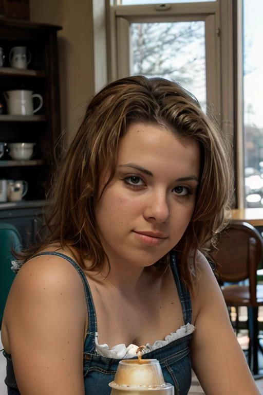 <lora:KerieHart:0.8>, full color portrait of a young woman, having coffee at a vintage cafe, natural light, RAW photo, subject, 8k uhd, dslr, soft lighting, high quality, film grain, Nikon D850