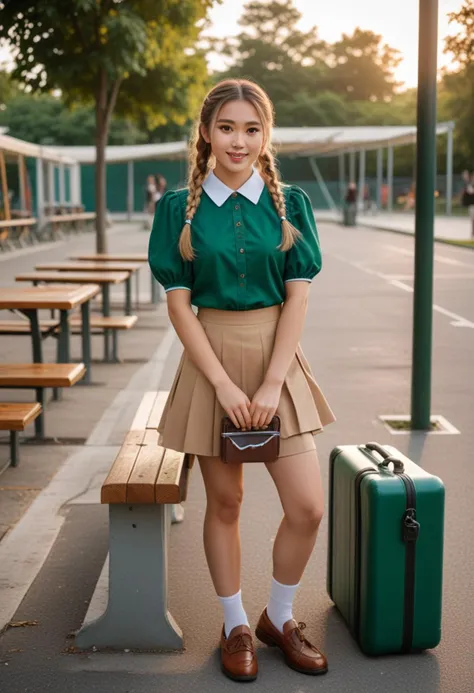 (medium full shot) of (charming school student) young woman, philippine, brown eyes, tan skin, pale skin, brown eyes, willowy build, long blonde double braids hair,  wearing a emerald green blouse with puff sleeves, mini skirt, brown loafers, lunchbox and water bottle, set in  Schoolyard, Asphalt area with four-square markings, a climbing wall, benches along the perimeter, a bicycle rack, a covered lunch area with tables and chairs, at sunset, laughing, arms crossed, Masterpiece,best quality, photorealistic, amazing quality, very aesthetic, extremely detailed face,