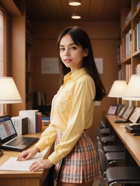 TrualityCampus_Heather, school student wearing a yellow button-up shirt with rolled sleeves, checkered skirt, lace-up oxford shoes, backpack,red plaid hair ribbon, School Library, Inviting space with rows of bookshelves, study tables with adjustable lamps, cozy reading nooks with bean bags, a circulation desk with computers, colorful posters promoting literacy, perfect teeth, by Steve McCurry, 35mm, F/2.8, ((Photo Focus, DOF, Aperture, insanely detailed and intricate, hypermaximalist, beautiful, revealing, appealing, attractive, hyper realistic, super detailed)), <lora:sd_v15_dpo_lora_v1:0.8>