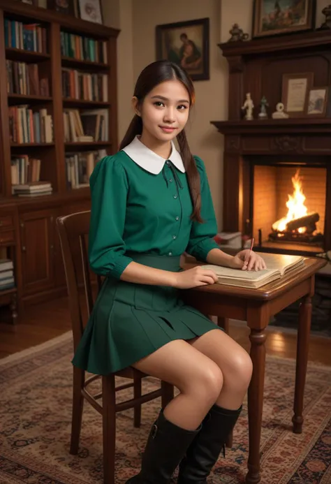 (medium full shot) of (innocent school student) young woman, thai, straight hair, brown eyes, light brown skin, fair skin, brown eyes, petite build, medium dark ponytail hair,  wearing a emerald green blouse with a peter pan collar, high-waisted skirt, knee-high boots, backpack, set in  Teacher's Lounge, Warm ambiance with a fireplace, a long wooden table with chairs around it, a cabinet filled with board games, a bookshelf packed with novels, a plush rug underfoot, at night, smiling at the viewer, Masterpiece,best quality, photorealistic, amazing quality, very aesthetic, extremely detailed face,