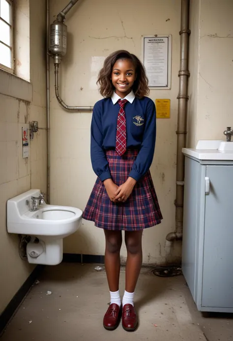 (medium full shot) of (adorable ) young woman, african, dark skin, black eyes, lithe build, medium hazel hair, wearing a navy blue long-sleeve blouse with a red plaid tie, checkered skirt, brown loafers, lunchbox and water bottle, set in public Toilet, Industrial chic, exposed pipes, concrete floors, stainless steel sinks, Edison bulb lighting fixtures, graffiti-style artwork adorning the walls, laughing, arms crossed, Masterpiece,best quality, photorealistic, amazing quality, very aesthetic, extremely detailed face,