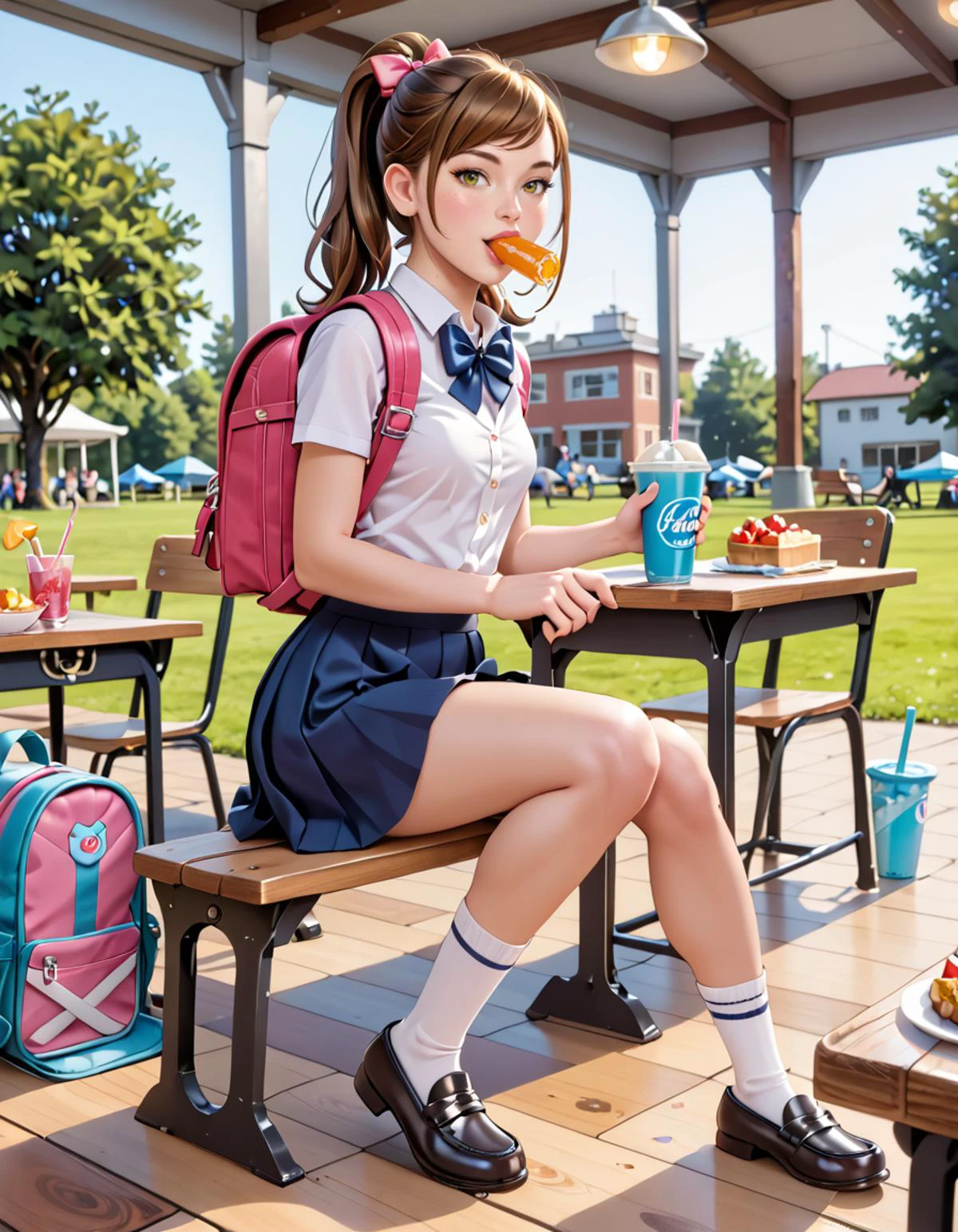 score_9, score_8_up, score_7_up, amazing quality, ultra realistic, 3D, HD, best quality, amazing quality, very aesthetic, absurdres,(cute school ) young woman, chinese, dark brown eyes, fair skin, petite, brown ponytail with a ribbon hair, wearing a beige blouse with a bow tie, knee-length skirt, black loafers, backpack,white lace ankle socks, set in School Canteen, Casual area with wooden picnic-style tables and benches, tiled flooring, colorful murals depicting healthy eating, pendant lights hanging from the ceiling, a self-serve condiment station , <lora:Lilandava_PDXL:1> lilandavastyle
