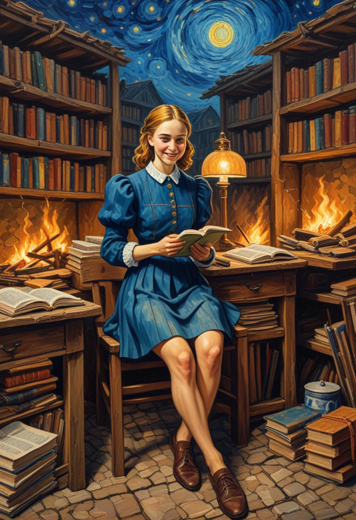(Stunning acrylic painting by vincent Van Gogh, Cracked Paint Effect) of a girl woman, wearing a navy blue blouse with puff sleeves, mini skirt, brown loafers, lunchbox and water bottle, laughing, arms crossed, set in School Library, Inviting space with rows of bookshelves, study tables with adjustable lamps, cozy reading nooks with bean bags, a circulation desk with computers, colorful posters promoting literacy, set in ancient roman empire era, Roman Camp, orderly encampment with tents lined in rows, soldiers training, cooking fires, centurions inspecting the troops , at night,