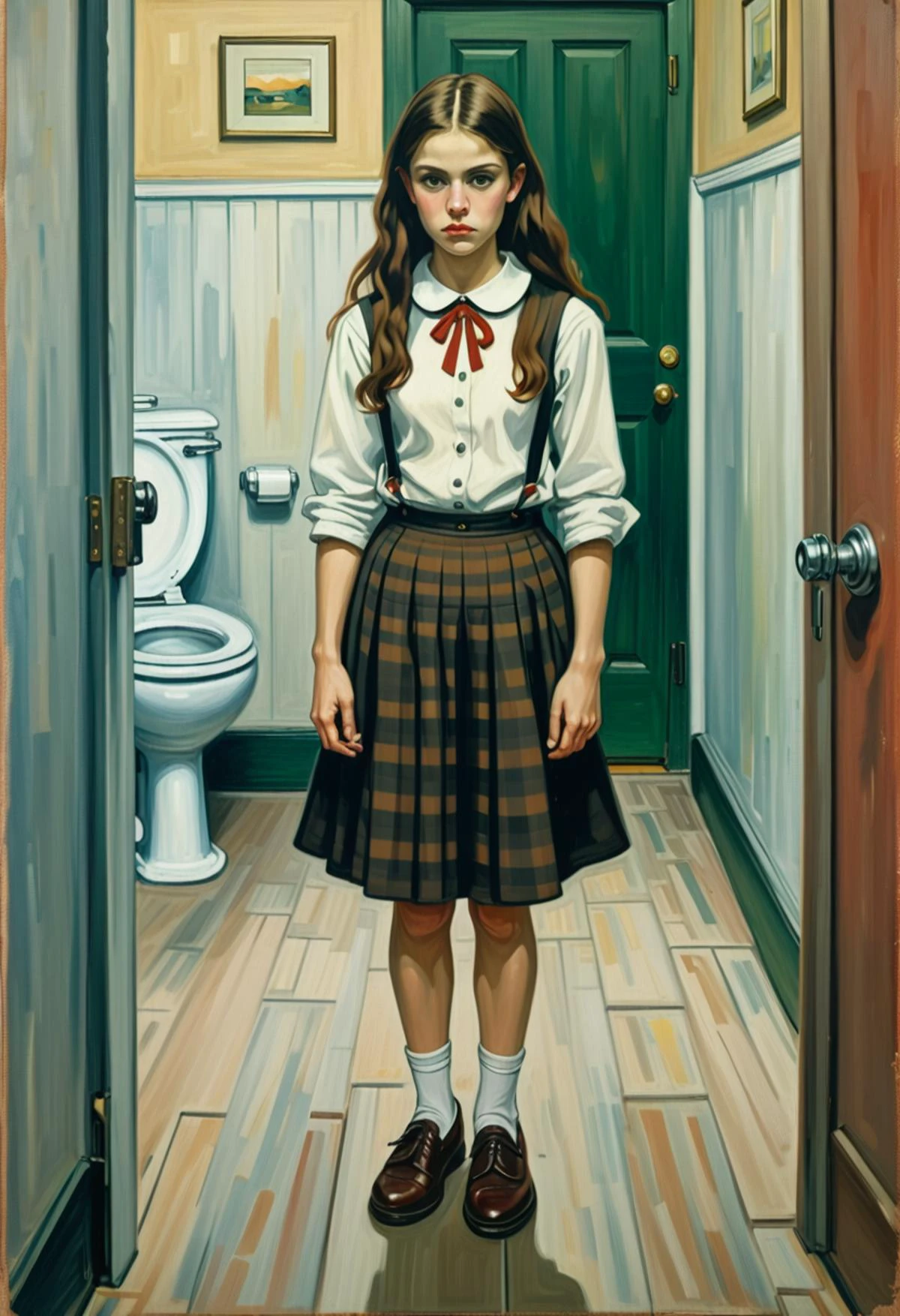 (haunting painting by Edvard Munch) of a girl woman, wearing a beige blouse with a peter pan collar, plaid skirt, brown loafers, backpack, set in public Toilet, Simple, utilitarian design with linoleum flooring, stainless steel partitions between stalls, basic white porcelain toilets, wall-mounted soap dispensers, paper towel holders, at night