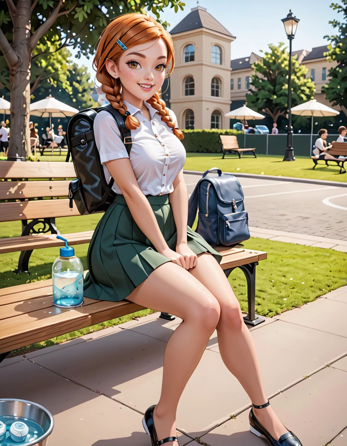 score_9, score_8_up, score_7_up, amazing quality, ultra realistic, 3D, HD, best quality, amazing quality, very aesthetic, absurdres,(endearing school ) young woman, south african, dark brown eyes, dark skin, curvy, ginger twin braids hair, wearing a white blouse with a peter pan collar, high-waisted skirt, black ballet flats, black bow hair clip,backpack, set in public park, Dog Park, Fenced area with agility courses, water bowls, waste bag dispensers, benches for owners, shaded spots for resting , at night , <lora:Jabstyle_AMXLV1:1> Jabstyle