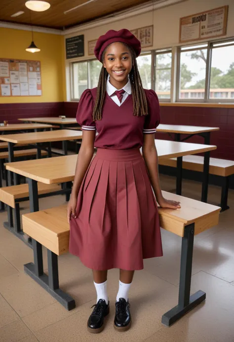 (medium full shot) of (cute school student) young woman, south african, dark eyes, dark skin, dark skin, light brown eyes, Medium build, medium blonde dreadlocks hair,  wearing a burgundy blouse with puff sleeves, knee-length skirt, T-strap shoes, black beret, set in  School Canteen, Casual area with wooden picnic-style tables and benches, tiled flooring, colorful murals depicting healthy eating, pendant lights hanging from the ceiling, a self-serve condiment station, at night, smiling at the viewer, Masterpiece,best quality, photorealistic, amazing quality, very aesthetic, extremely detailed face,