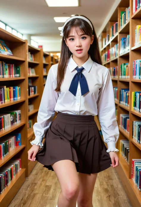 (medium full shot) of (cute girl) young woman, japanese, dark brown eyes, pale skin, petite, straight hair with a headband, wearing a white blouse with ruffled cuffs, solid color skirt, saddle shoes, textbooks and notebooks, surprised, open mouth, running toward the viewer, set in School Library, Inviting space with rows of bookshelves, study tables with adjustable lamps, cozy reading nooks with bean bags, a circulation desk with computers, colorful posters promoting literacy, Masterpiece,best quality, photorealistic, amazing quality, very aesthetic, extremely detailed face,