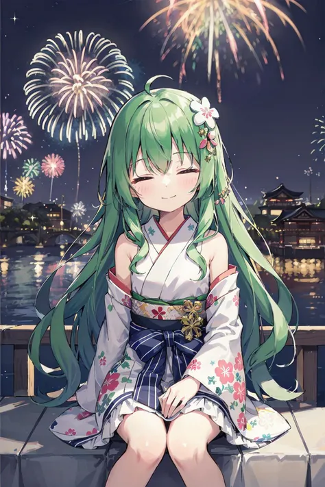 (pixiv masterpiece), masterpiece, best quality, 1girl, cute, kawaii, flat chest, green hair, closed eyes, clover hair ornament, long hair, disheveled hair, messy hair, Japanese clothes, night, fireworks,light smile, (crowd:0.5), sparkling, sparkle,
