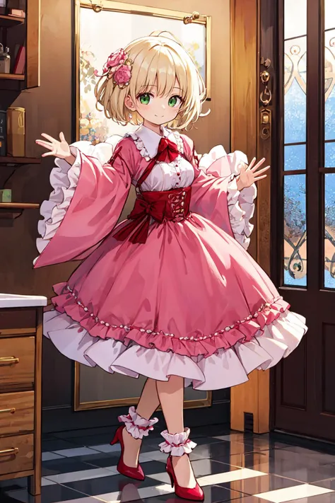 best quality, amazing intricate, cute girl, 
platinum blond hair, medium hair, (round eyes:1.3), happy, (closed mouth and smile:1.2), green eyes, medium breast, 
from front, upper body, waving, 
pink dress, frilled dress, , 
toe socks, high heels, in a luxurious bathroom