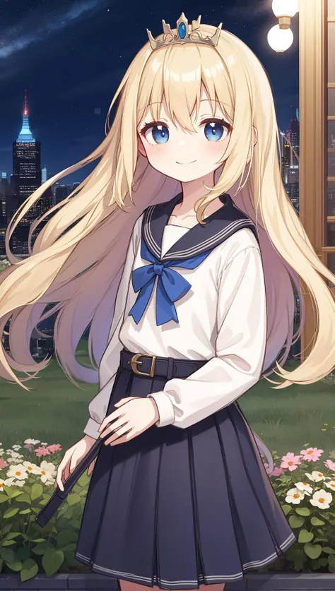 ((garden:1.1), night, night sky, rooftop, sky, skyscraper, smile, solo, stage, star sky, starry sky:1.05), (sailor shirt, tiara, pleated skirt, belt, evening gown:1.05), (blonde hair, long hair, blue eyes:1.15), (flat chest:1.05), (1girl, solo:1.1)