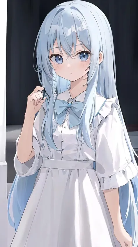 1girl,  light-(blue) hair, long hair,(hair between eyes),(swept bangs:0.6),sharp bangs(straight hair:1.2),
blue eyes, white dress,