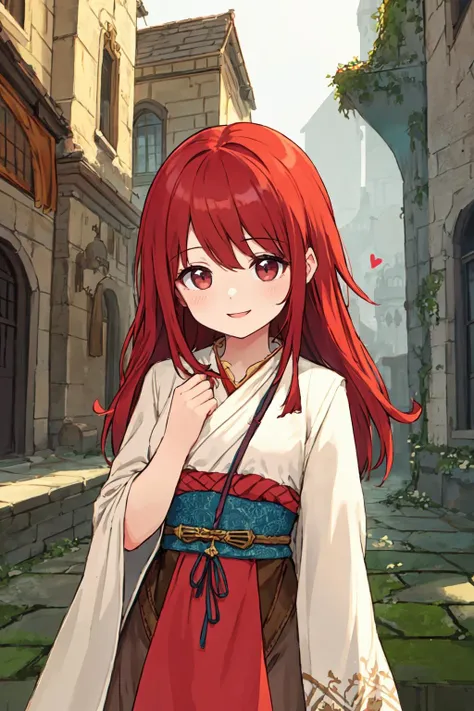 best quality, amazing intricate, 1 girl, round eyes, happy, smile, medium breast, 
red hair, long hair, , holding hair, 
from front, upper body, heart arms, 
(fantasy folk costume:1.6), 
in a courtyard