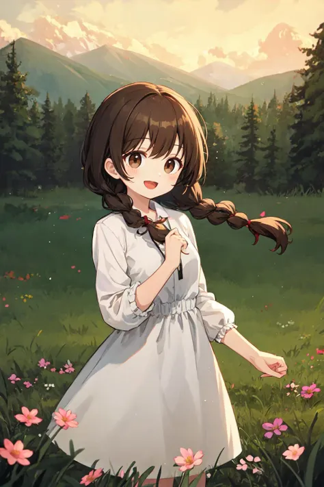 best quality, amazing intricate, cute girl, 
dark brown hair, twin braids, dark brown eyes, (round eyes:1.3), happy, :D, medium breast, 
from front, cowboy shot, standing, 
white dress, 
in the forest, grass, flower, mountain in the distance, sky