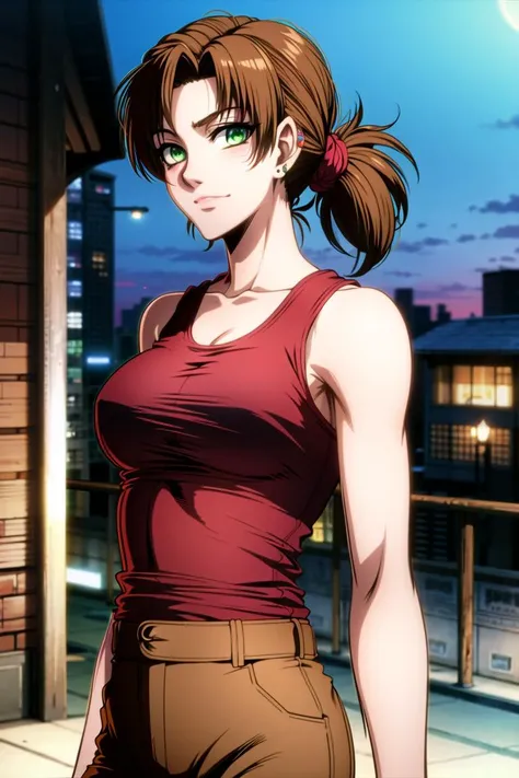 <lora:hellsing:0.8>, masterpiece, best quality, absurdres, 1girl, looking at viewer, upper body, standing, street, city, green eyes, brown hair, parted bangs, ponytail, tank top, pants, night