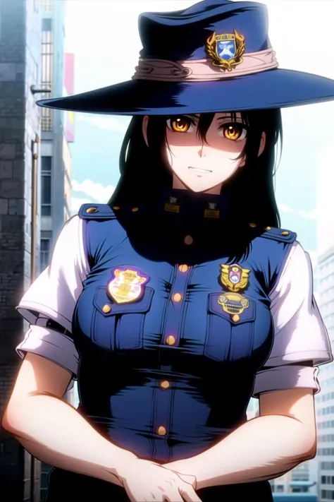 <lora:hellsing:0.8>, masterpiece, best quality, absurdres, 1girl, looking at viewer, upper body,black hair, parted bangs, long hair, police, police uniform, policewoman, police hat, night, city, street, standing, serious