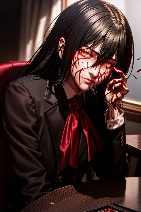 masterpiece,best quality,absurdres,
(upper body:1.5),solo,solo focus,(sharp focus, depth of field, bokeh),
<lora:alucardserasintegra:0.6>,(1boy, manly, male focus, toned male),(alucard:1.3),
black hair,glasses,(hidden eyes:1.5),(glowing eyes:1.25),
formal,suit,long sleeves,
(ominous, closed mouth:1.5),
<lora:LowRA>,(dark, dark theme, night:2),(indoors, table, sitting, chair, on chair, blood splatter, blood on face:1.5),
<lora:red_theme_v10_fix>,(kbxll:0.8),<lora:add_detail:0.5>