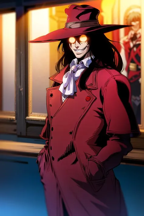 <lora:alucardserasintegra:0.6>, (alucard:1.3), masterpiece, best quality, absurdres, 1boy, looking at viewer, standing, outdoors, night, evil smile, glasses, hands in pockets